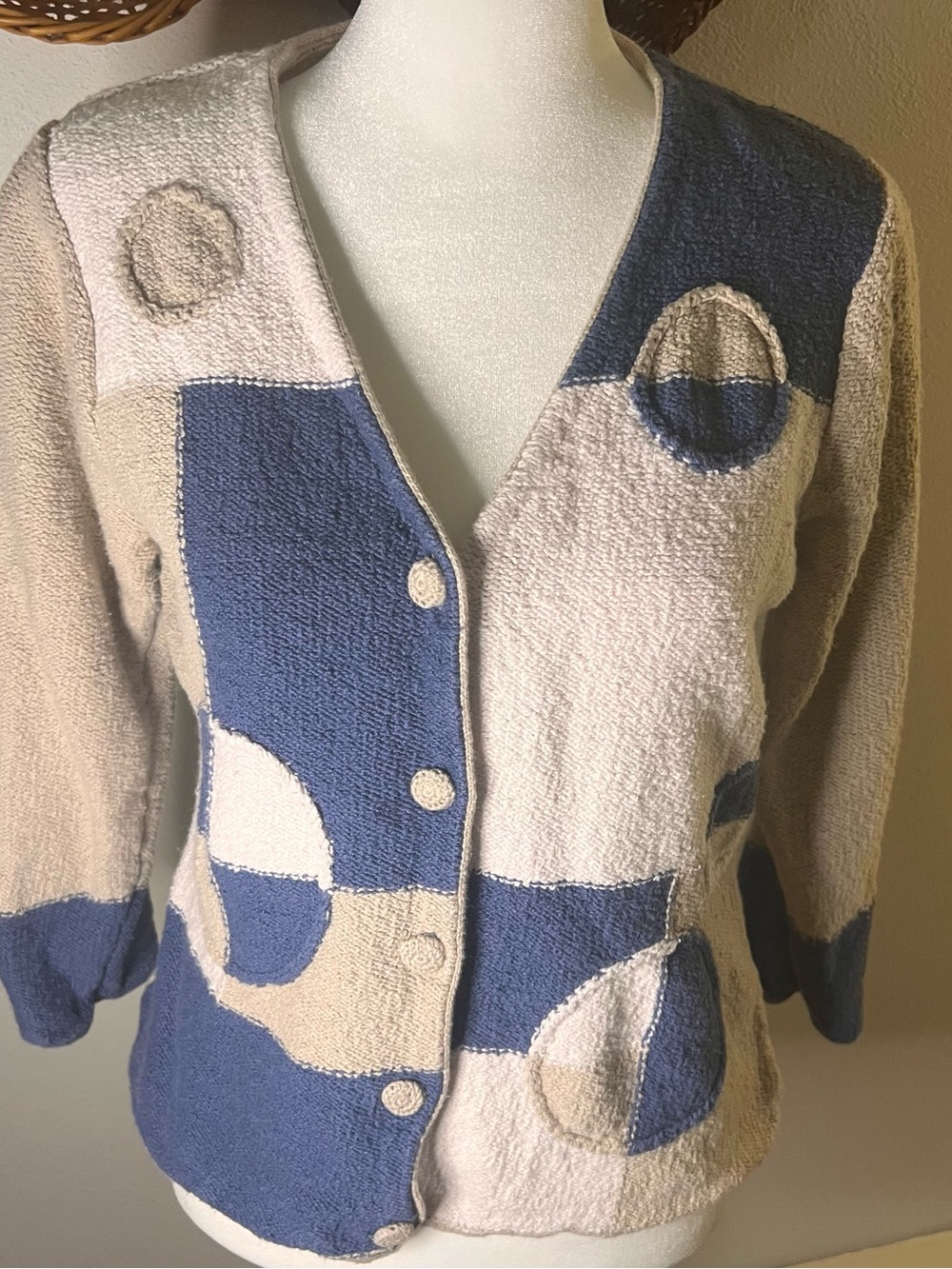 Christopher & Banks Blue and Cream Geometric V-Neck Sweater